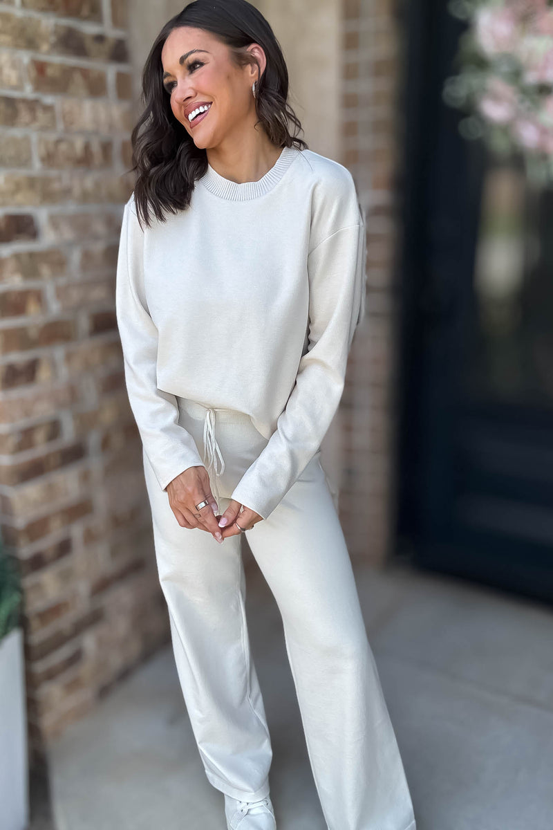 Cream Tie Waist Straight Knit Long Pants