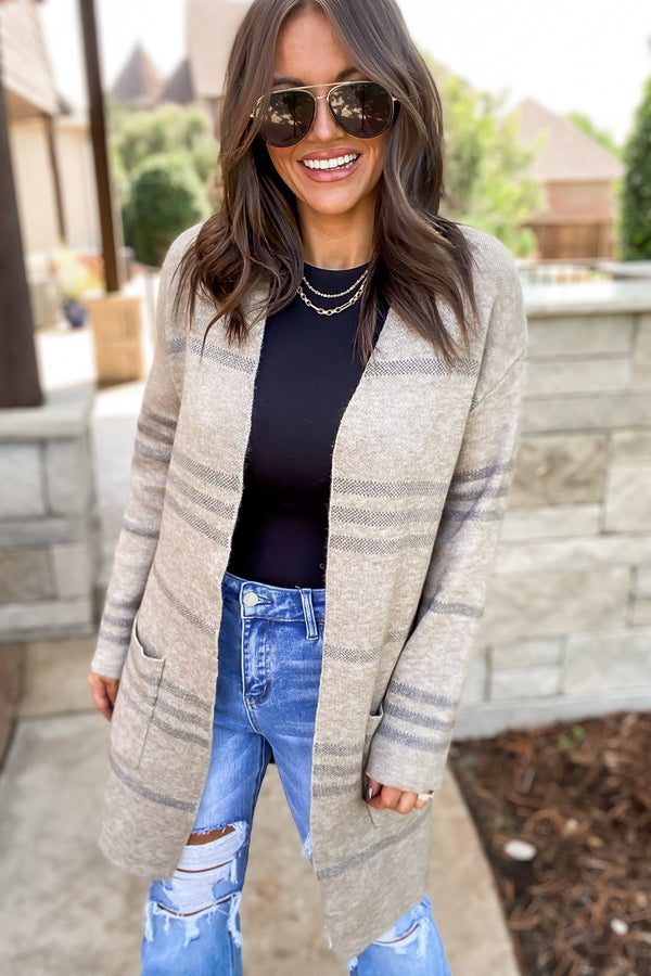 Perhaps Someday Taupe Stripe Sweater Cardigan