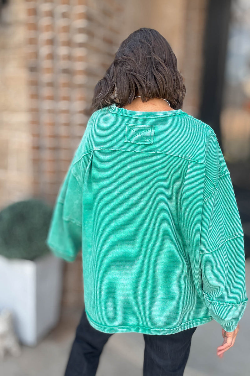 People Free Green Acid Washed Double Ribbed Exposed-seam Pullover
