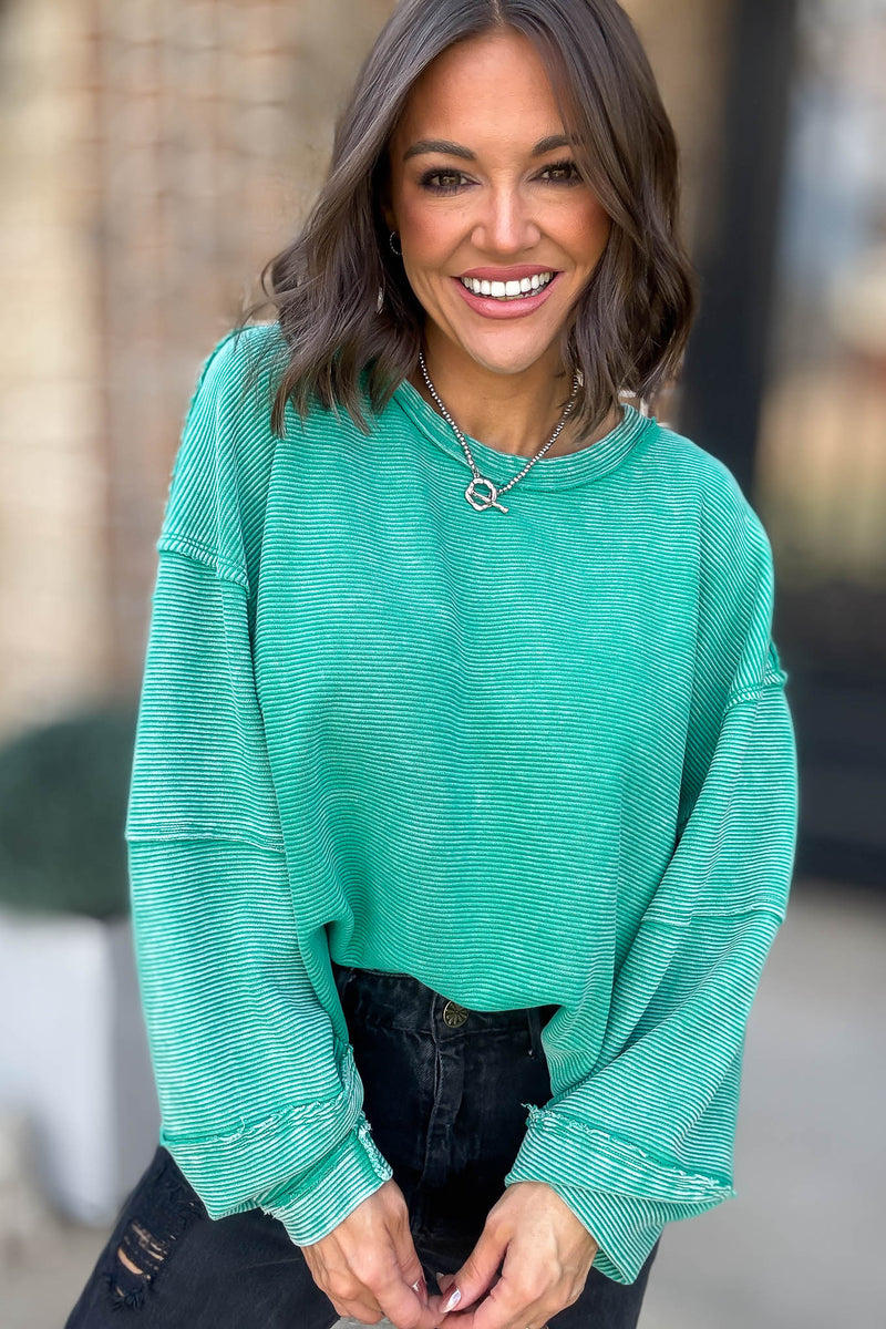 People Free Green Acid Washed Double Ribbed Exposed-seam Pullover