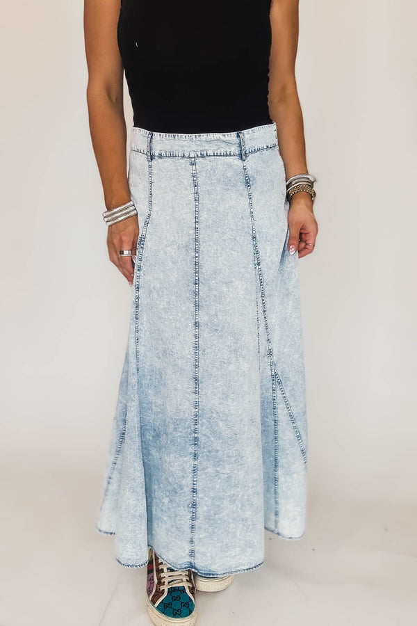 Denim Flare Maxi Skirt