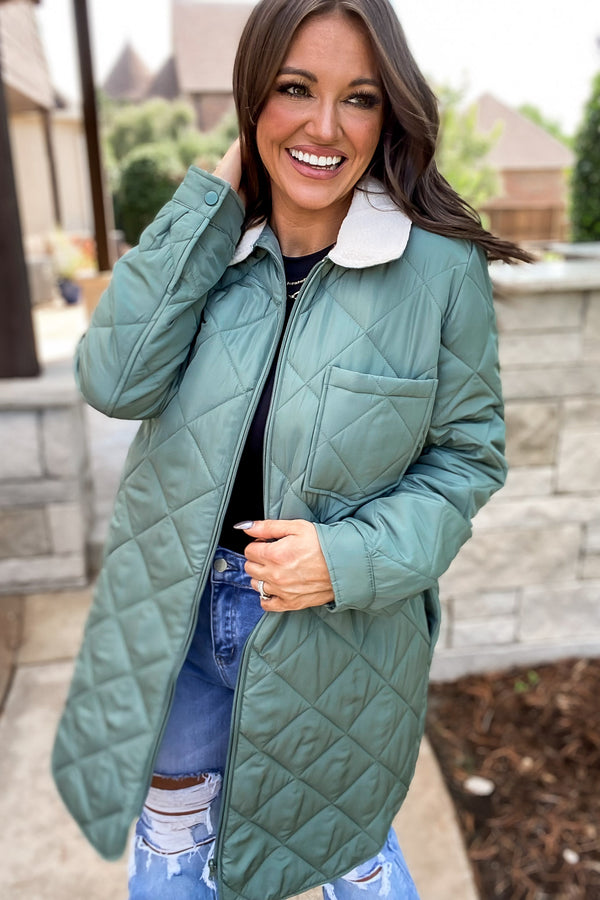 Travel Lightly Sage Sherpa Collar Quilted Puffer Jacket