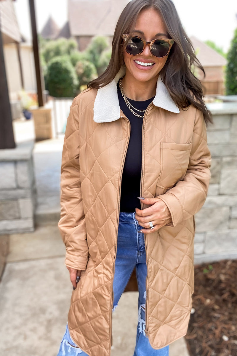 Travel Lightly Khaki Sherpa Collar Quilted Puffer Jacket