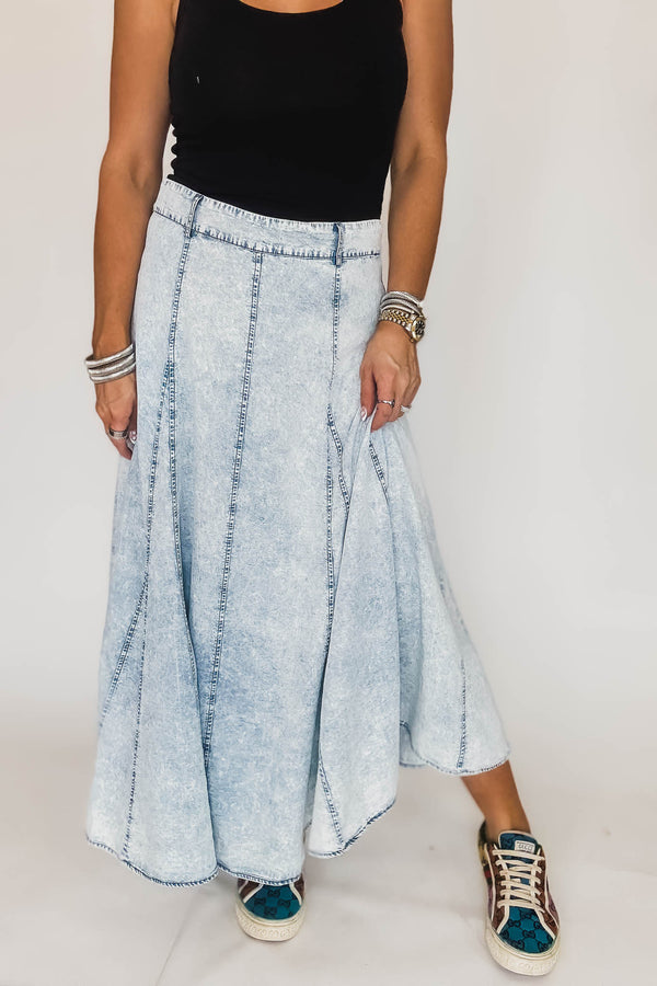 Denim Flare Maxi Skirt