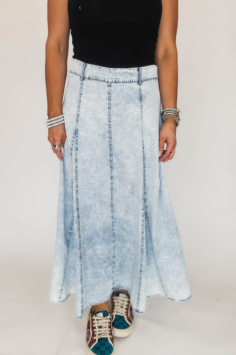 Denim Flare Maxi Skirt