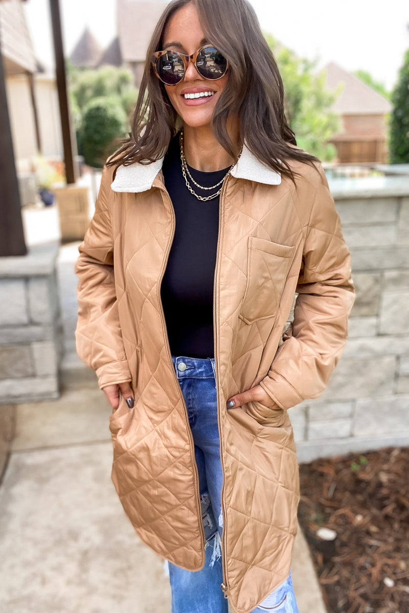 Travel Lightly Khaki Sherpa Collar Quilted Puffer Jacket