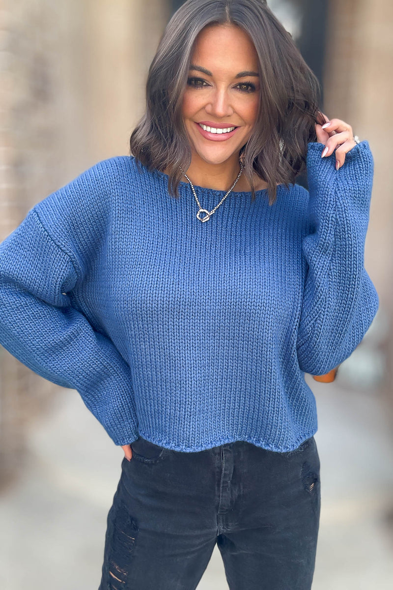 Le Lis Blue Long Sleeve Boat Neck Boxy Sweater Top