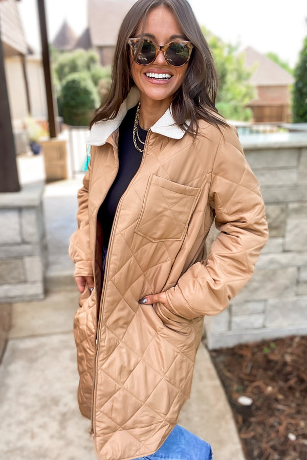 Travel Lightly Khaki Sherpa Collar Quilted Puffer Jacket