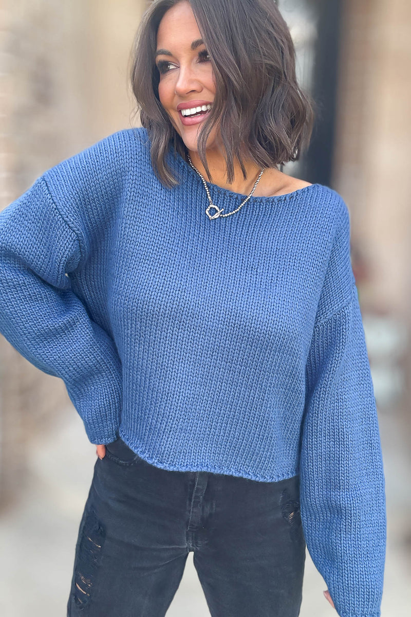 Le Lis Blue Long Sleeve Boat Neck Boxy Sweater Top