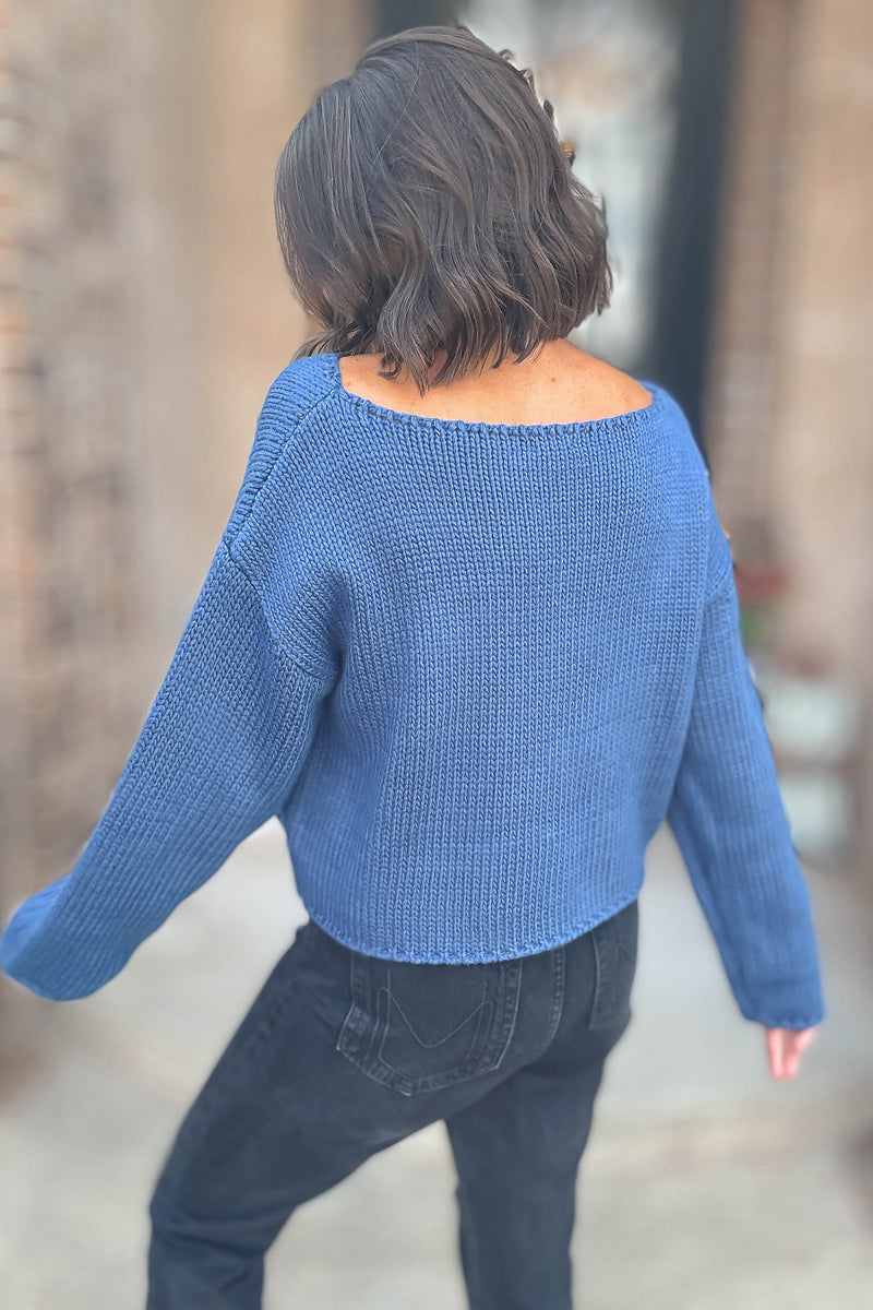 Le Lis Blue Long Sleeve Boat Neck Boxy Sweater Top