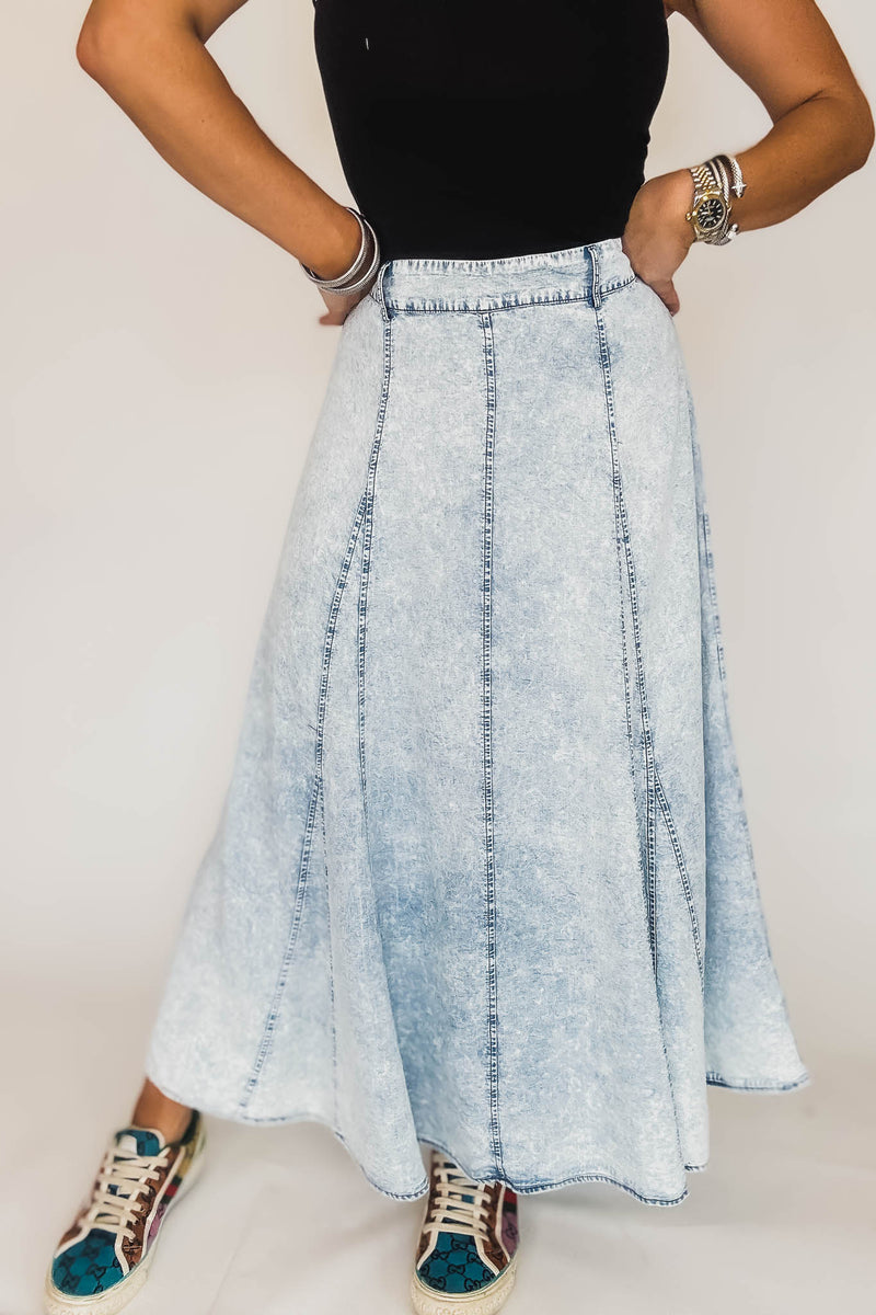 Denim Flare Maxi Skirt