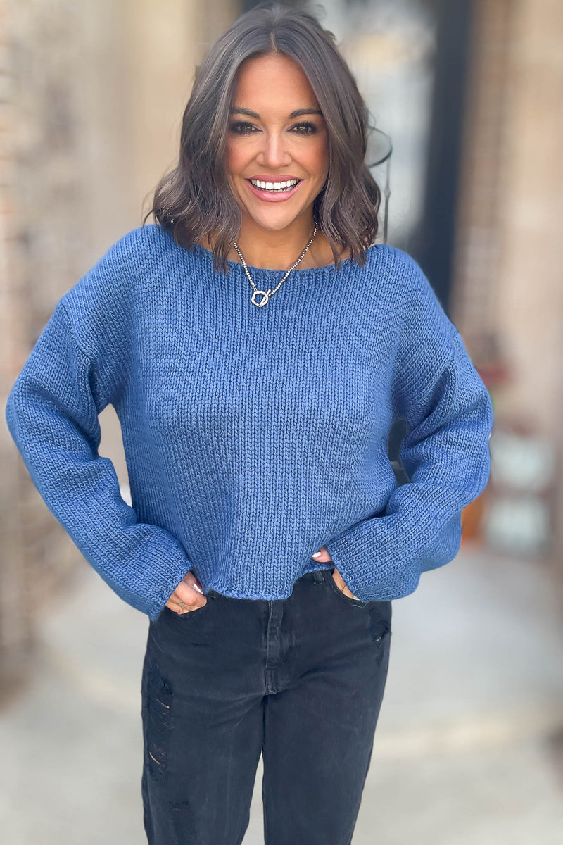 Le Lis Blue Long Sleeve Boat Neck Boxy Sweater Top