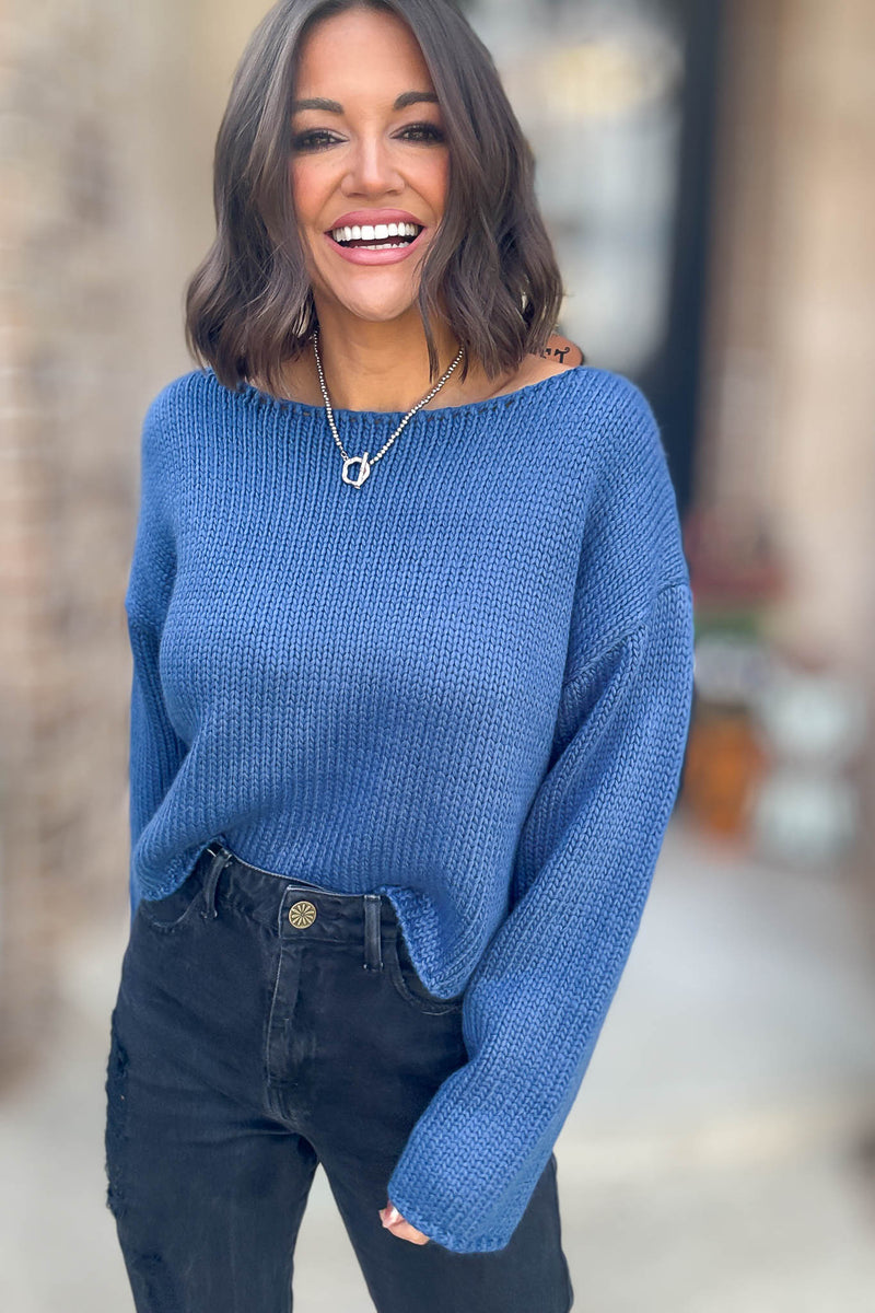 Le Lis Blue Long Sleeve Boat Neck Boxy Sweater Top