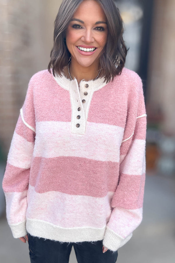 Le Lis Pink Long Sleeve Knit Henley Sweater Top