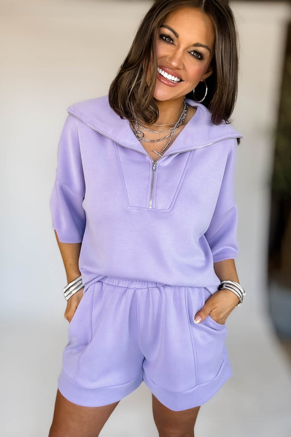 HALF ZIP UP TOP AND SIDE POCKET FOLDED HEM SHORTS
