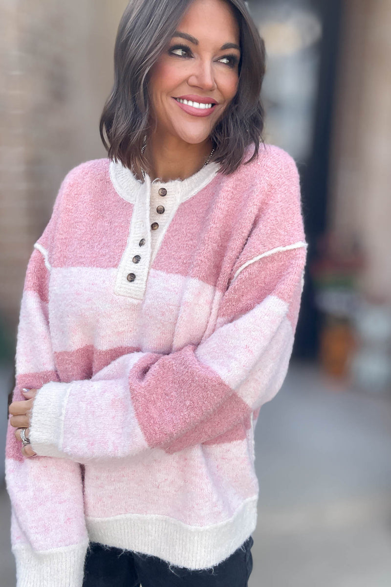 Le Lis Pink Long Sleeve Knit Henley Sweater Top