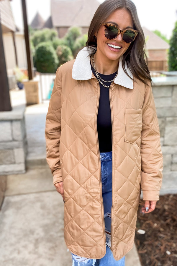 Travel Lightly Khaki Sherpa Collar Quilted Puffer Jacket