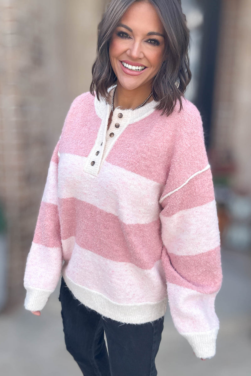 Le Lis Pink Long Sleeve Knit Henley Sweater Top