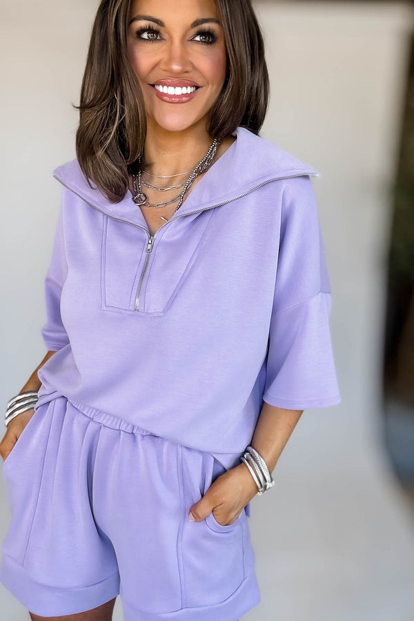 HALF ZIP UP TOP AND SIDE POCKET FOLDED HEM SHORTS