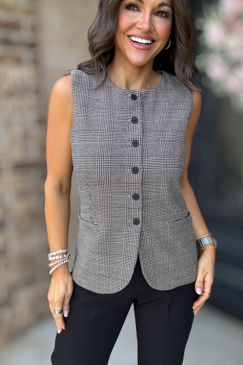 Elevating Pink And Taupe Button Down Check Woven Vest