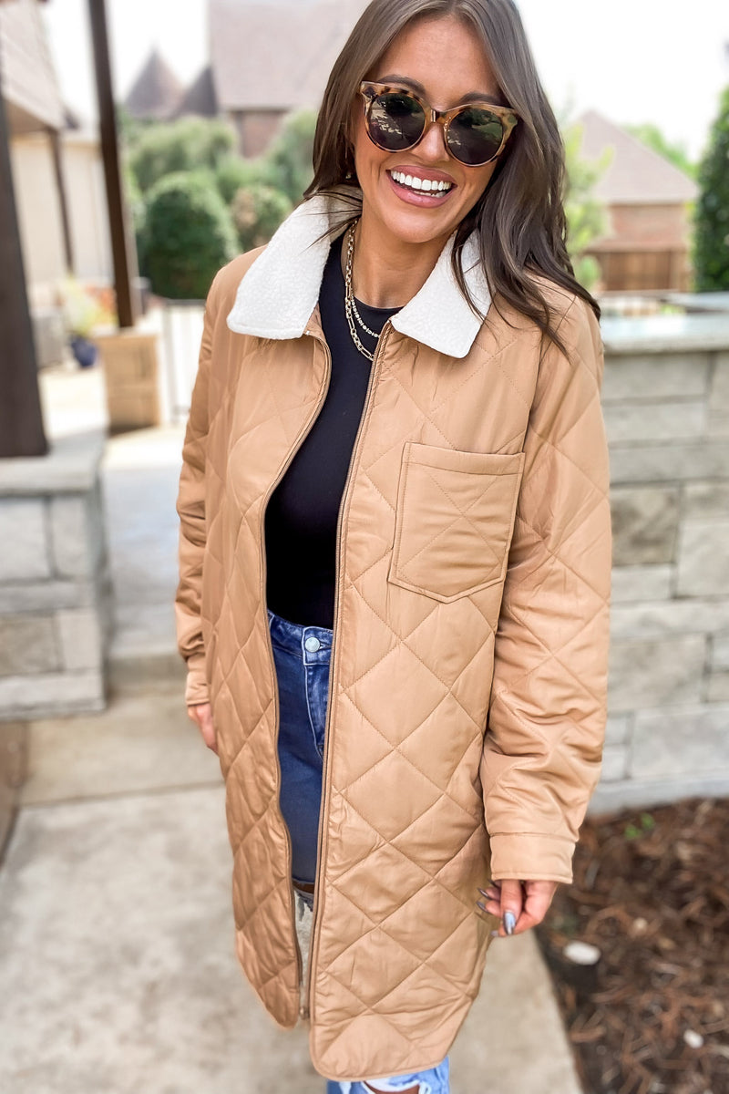 Travel Lightly Khaki Sherpa Collar Quilted Puffer Jacket