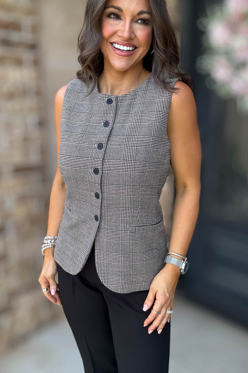 Elevating Pink And Taupe Button Down Check Woven Vest