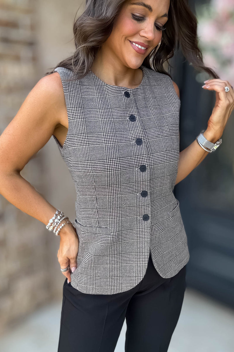 Elevating Pink And Taupe Button Down Check Woven Vest