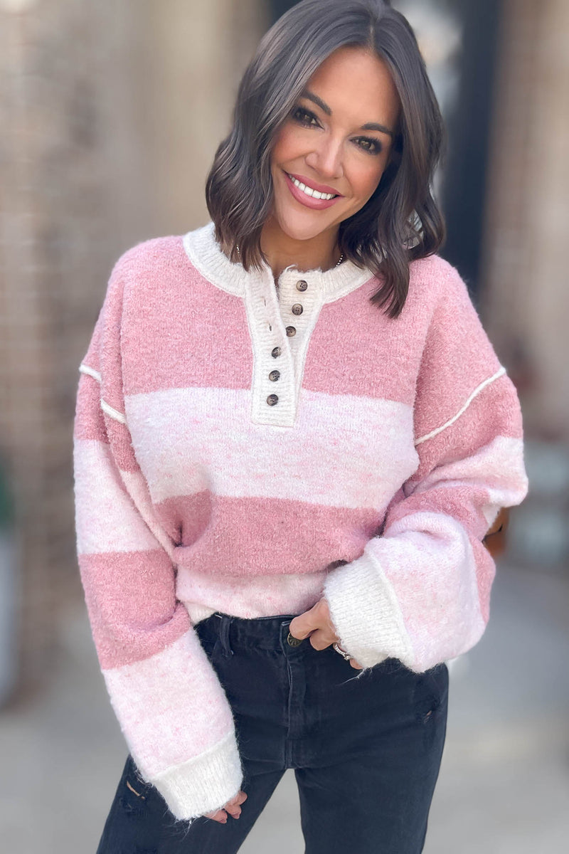 Le Lis Pink Long Sleeve Knit Henley Sweater Top