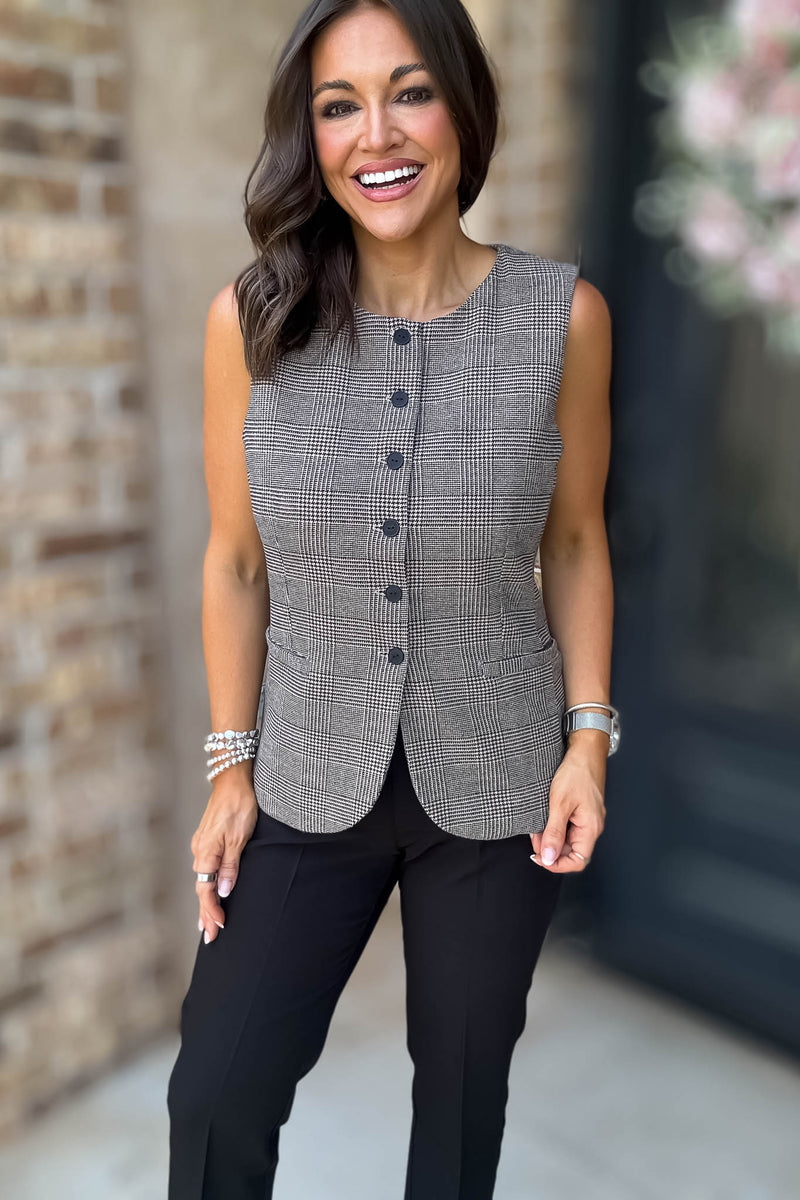 Elevating Pink And Taupe Button Down Check Woven Vest