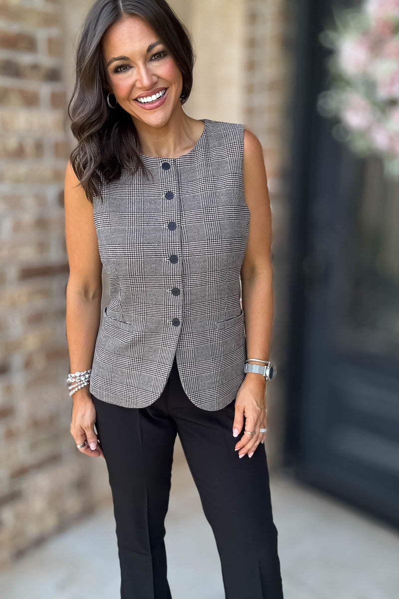 Elevating Pink And Taupe Button Down Check Woven Vest