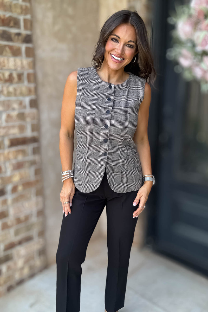 Elevating Pink And Taupe Button Down Check Woven Vest