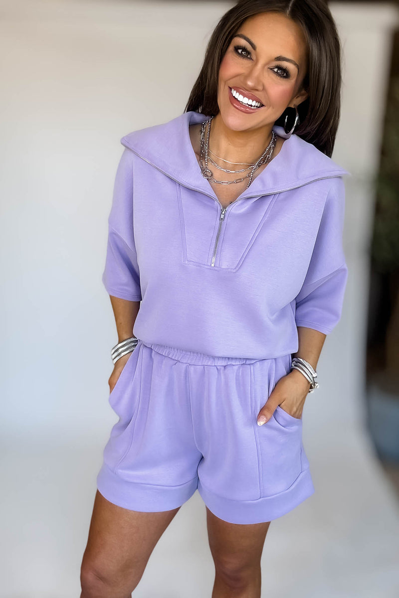 HALF ZIP UP TOP AND SIDE POCKET FOLDED HEM SHORTS