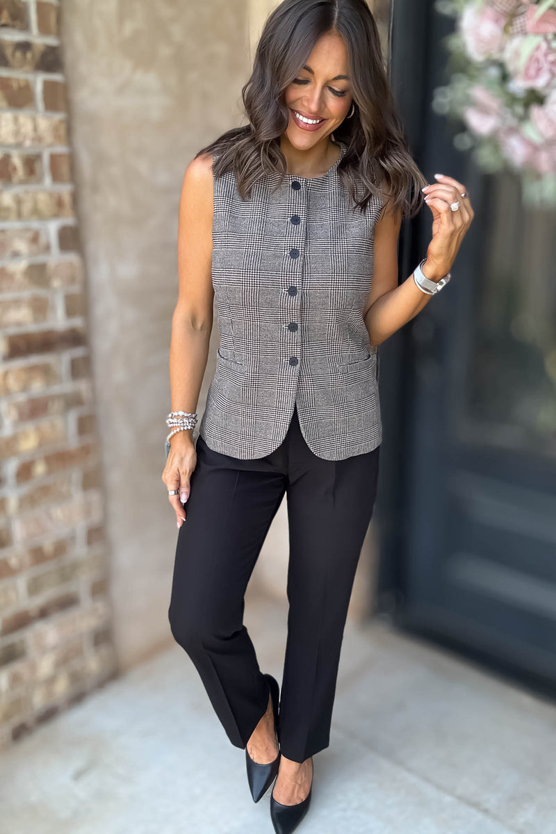 Elevating Pink And Taupe Button Down Check Woven Vest