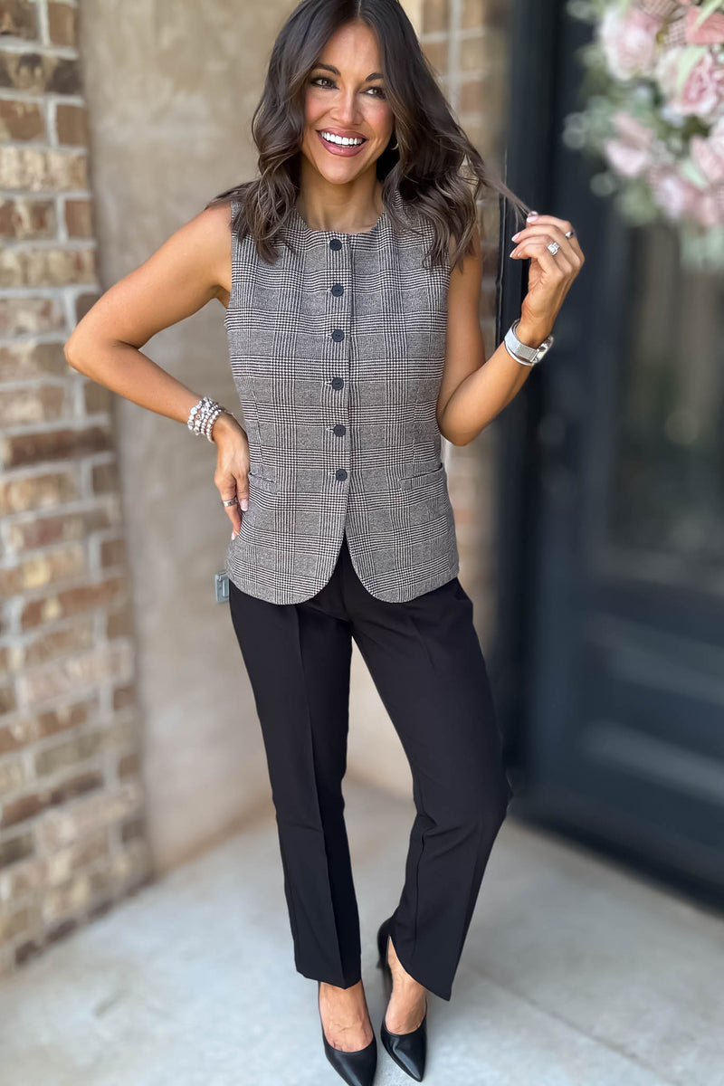 Elevating Pink And Taupe Button Down Check Woven Vest