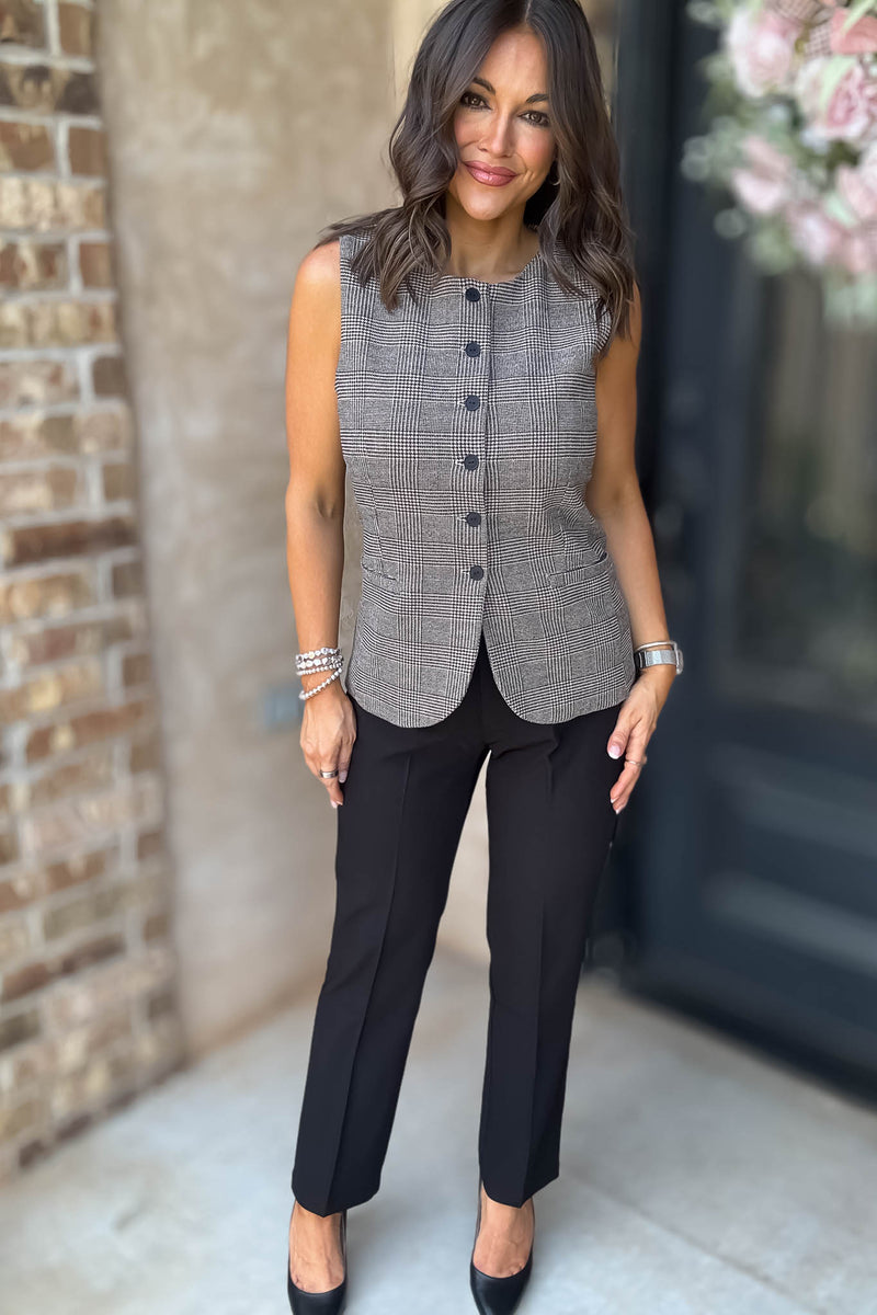 Elevating Pink And Taupe Button Down Check Woven Vest