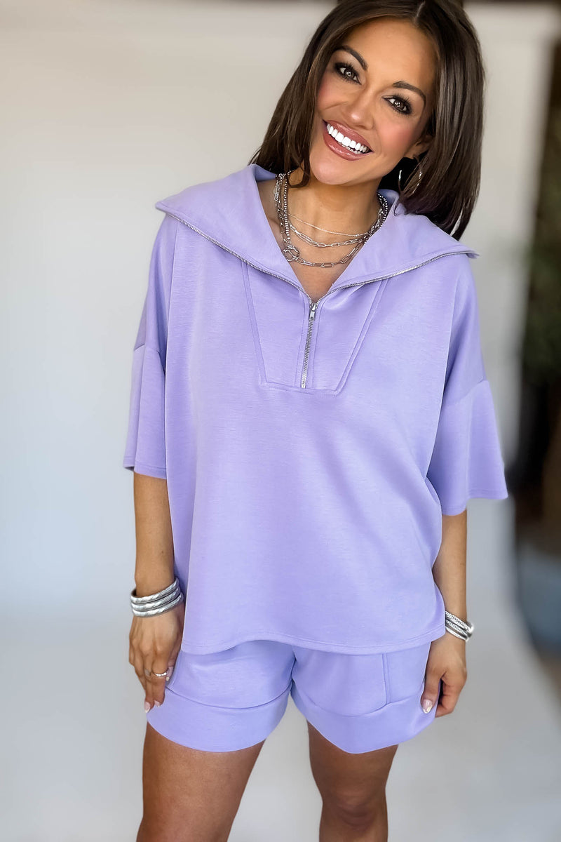 HALF ZIP UP TOP AND SIDE POCKET FOLDED HEM SHORTS