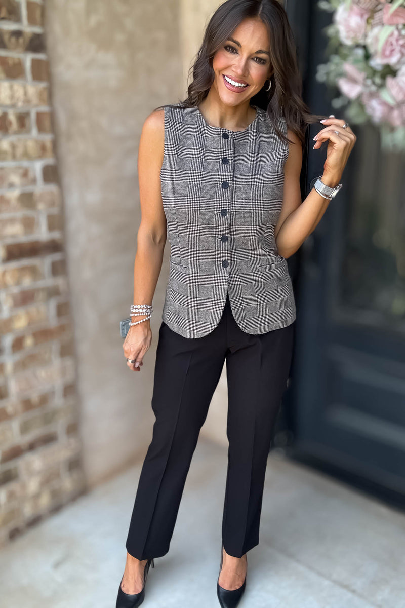 Elevating Pink And Taupe Button Down Check Woven Vest