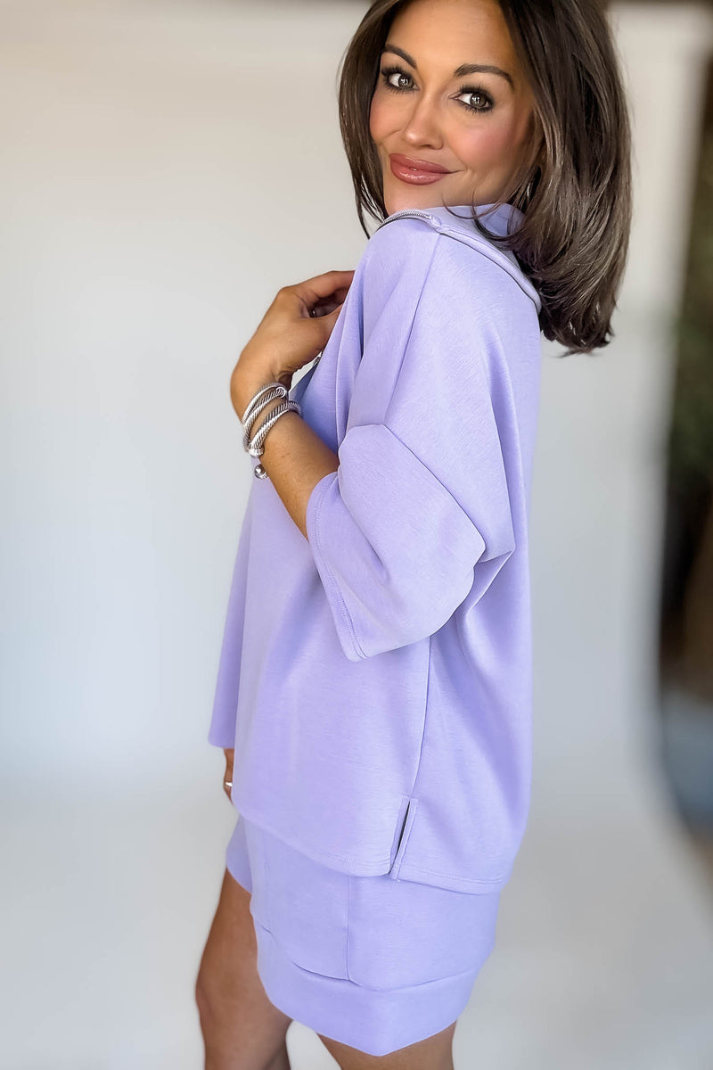 HALF ZIP UP TOP AND SIDE POCKET FOLDED HEM SHORTS