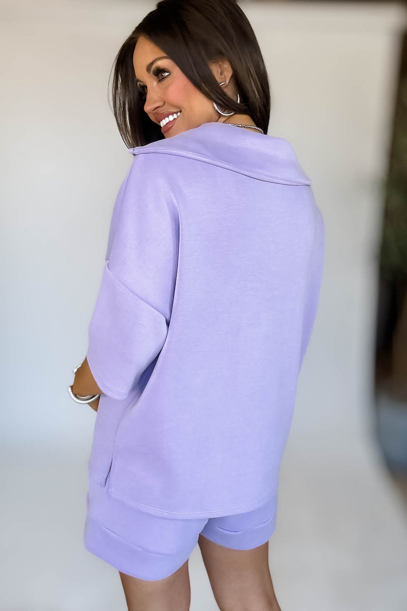 HALF ZIP UP TOP AND SIDE POCKET FOLDED HEM SHORTS