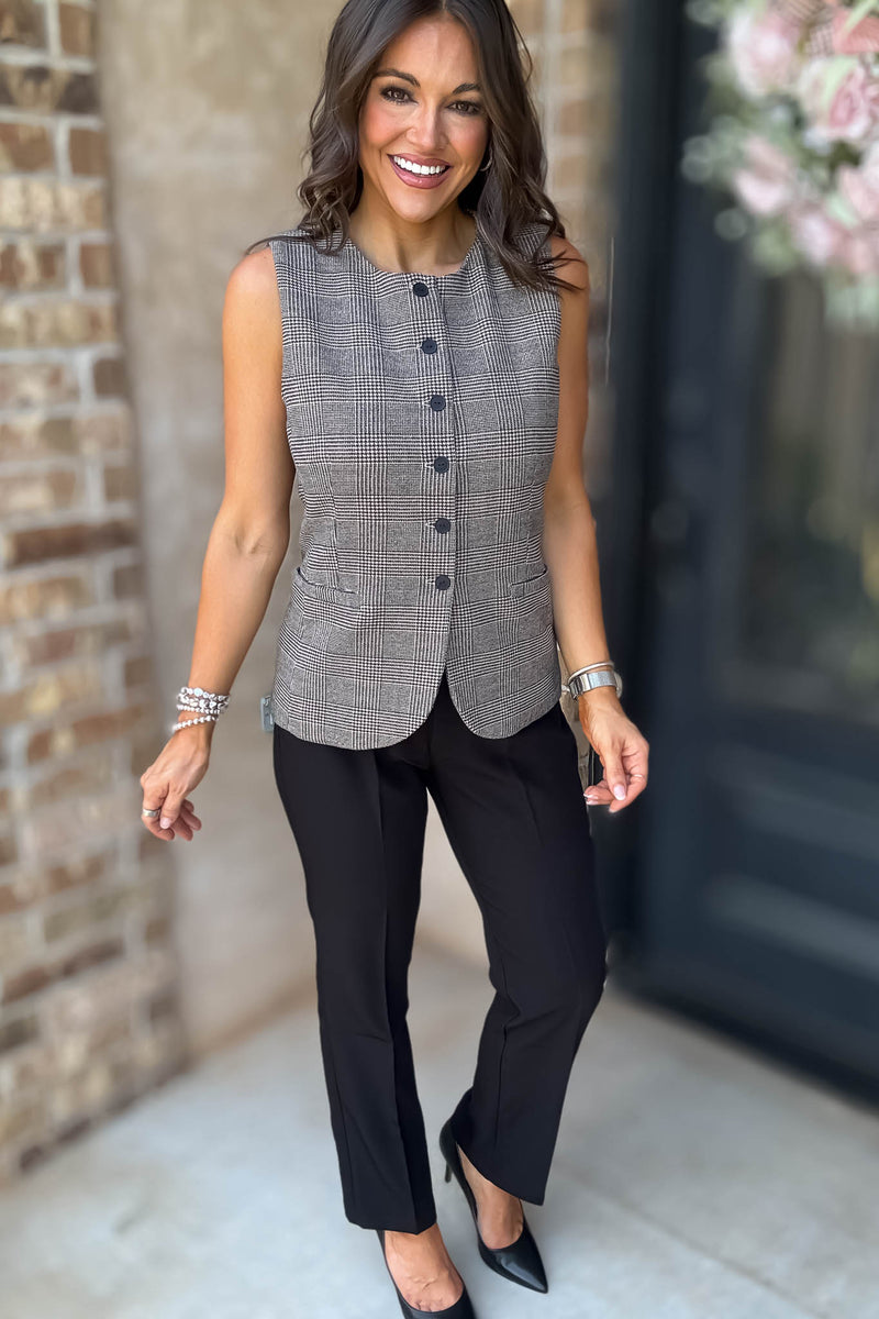Elevating Pink And Taupe Button Down Check Woven Vest