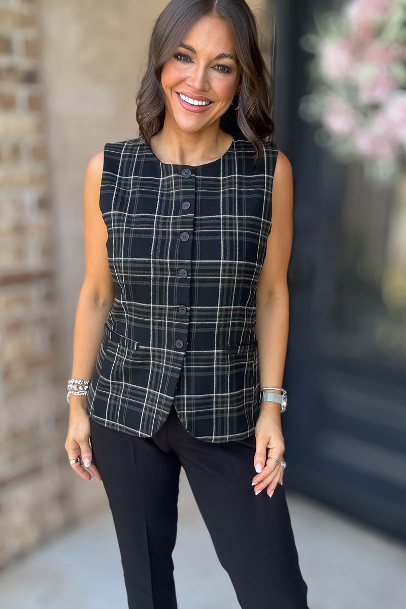 Elevating Black and White Button Down Check Woven Vest
