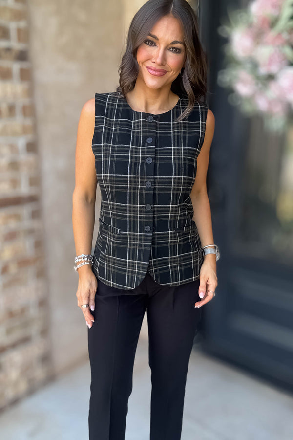Elevating Black and White Button Down Check Woven Vest
