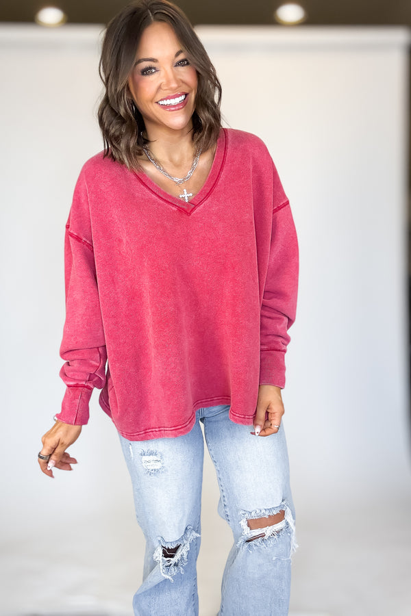 Oversized Red V-neck Sweatshirt With Raw Edge Detail