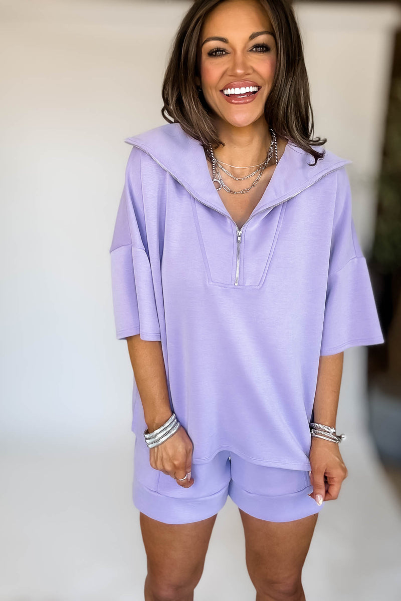 HALF ZIP UP TOP AND SIDE POCKET FOLDED HEM SHORTS