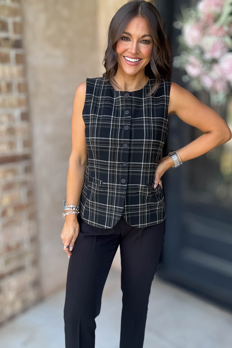 Elevating Black and White Button Down Check Woven Vest