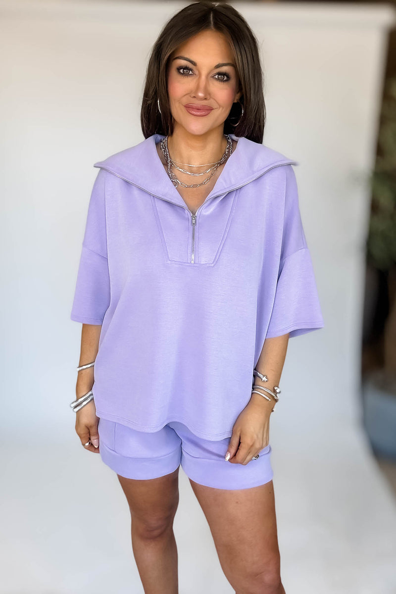 HALF ZIP UP TOP AND SIDE POCKET FOLDED HEM SHORTS
