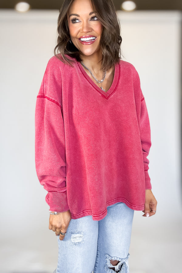 Oversized Red V-neck Sweatshirt With Raw Edge Detail