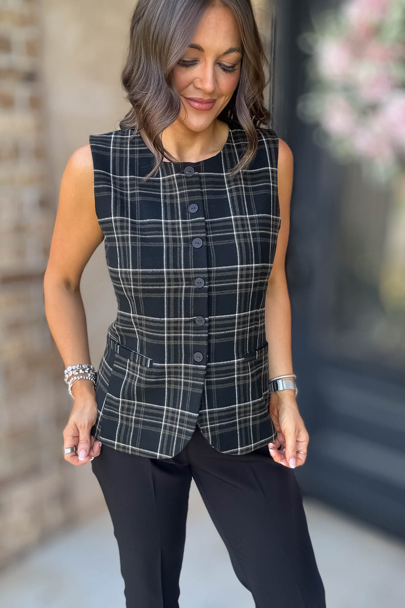 Elevating Black and White Button Down Check Woven Vest