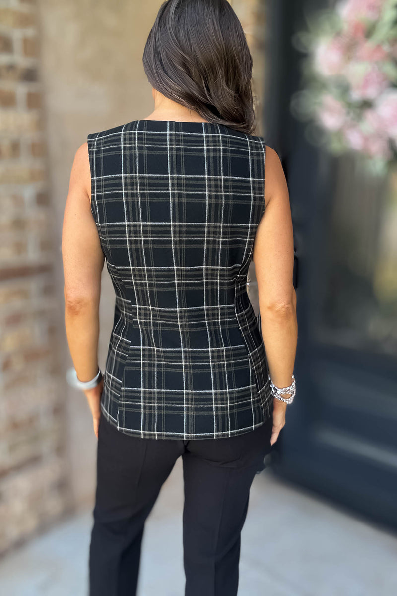 Elevating Black and White Button Down Check Woven Vest