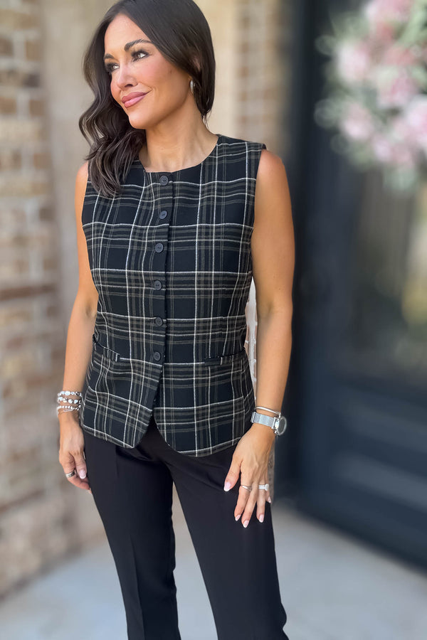 Elevating Black and White Button Down Check Woven Vest